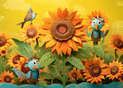 Tournesols et oiseaux en &eacute;t&eacute; color&eacute;
